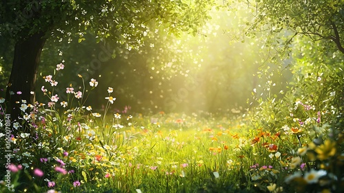 Sunlit meadow with flowers and trees, inviting a sense of peace and tranquility. The scene is illuminated by rays of sunlight, creating a magical atmosphere