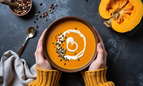 Person holding bowl of creamy pumpkin soup with swirl of cream and pumpkin seeds