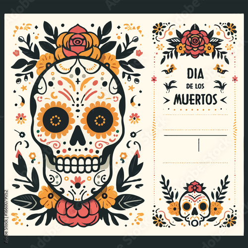 Day of the Dead Invitation Card Illustration Party Invite event Template Frame festival, sugar skull, Celebration Ads Flyer Design, Dia de los Muertos