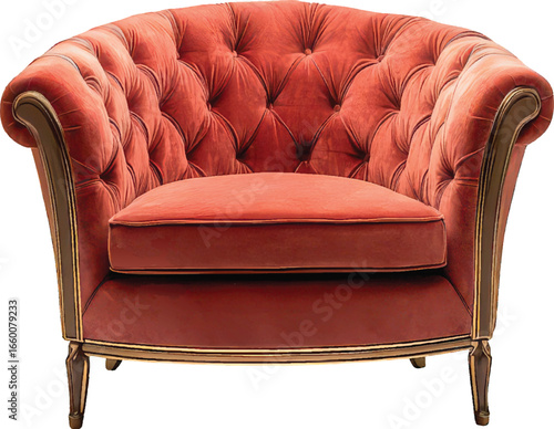 Tufted Red Velvet Barrel Chair with Dark Wood Trim on White Background Keywords: chair, armchair, furniture, red, velvet, tufted, barrel chair, upholstered