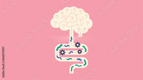 Stylized illustration of brain connected to digestive tract with microbes and gears, symbolizing gut-brain axis and biological interaction