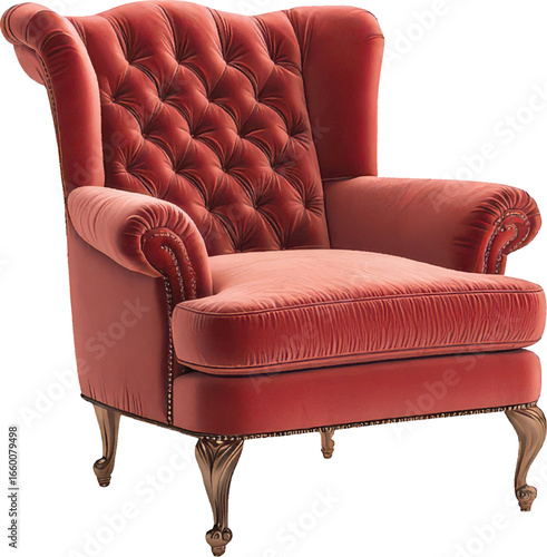 Red Velvet Wingback Armchair with Tufted Back and Carved Legs on White Background Keywords: armchair, chair, furniture, red, velvet, wingback, tufted