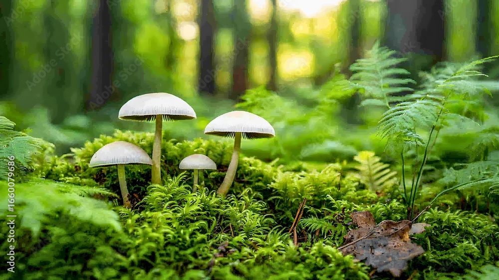 Fototapeta premium A serene view of mushrooms thriving in a vibrant forest, amidst lush greenery and moss