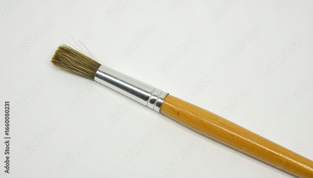 Fototapeta premium A small, detail-oriented painting brush with a light brown wooden handle and a metallic silver ferrule, displayed against a plain white background.