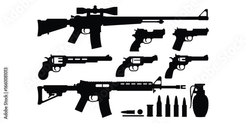 Silhouette illustration of firearms, bullets, and grenade including rifles, handguns, revolvers, and shotgun, symbolizing weapon types and gear