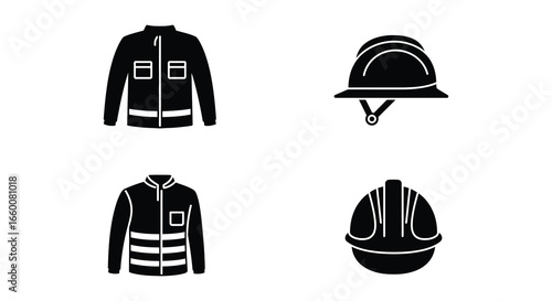 Firefighter safety gear and uniform illustrations in black and white