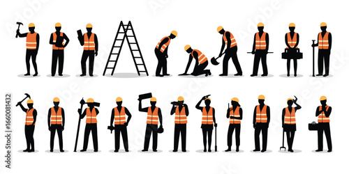 Silhouette illustration of construction workers with tools, safety vests, and hard hats, symbolizing labor roles, safety, and teamwork