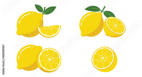Lemons and lemon slices with green leaves on a white background