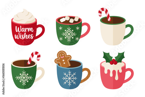 Christmas mugs set vector, cocoa and coffee, whipped cream, cookie garnish, candy cane, festive drink icons, seasonal clipart