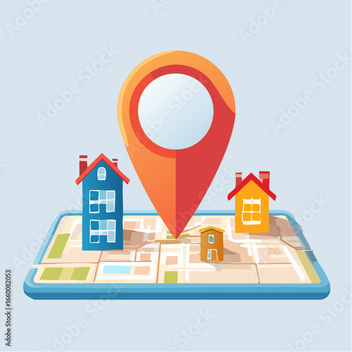 Digital Map With Location Markers And Buildings