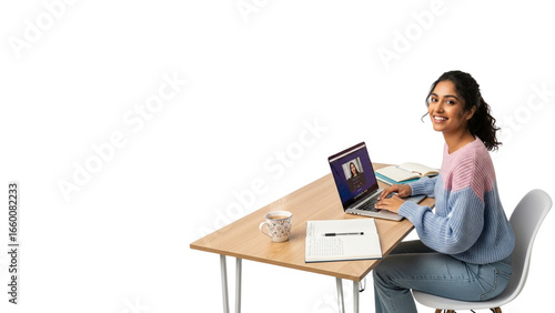 Smiling Woman Working from Home on Laptop