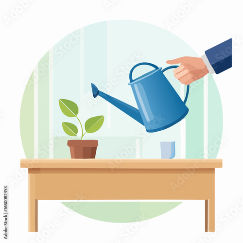 Watering Plant On Wooden Table Illustration