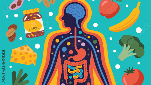 Illustration of human silhouette with digestive organs and healthy foods, symbolizing nutrition, gut health, and the connection to overall wellness