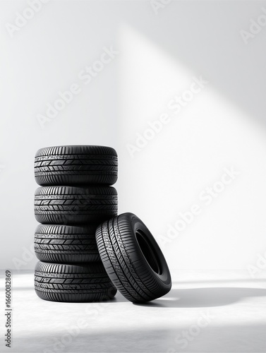 Tire Stacked Arrangement: Four car tires are neatly stacked on a solid surface, a perfect illustration of automotive components, featuring shadows, ready for any transportation related needs.