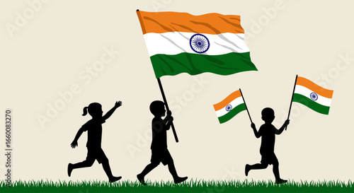 Indian Flag Children Silhouette Illustration
