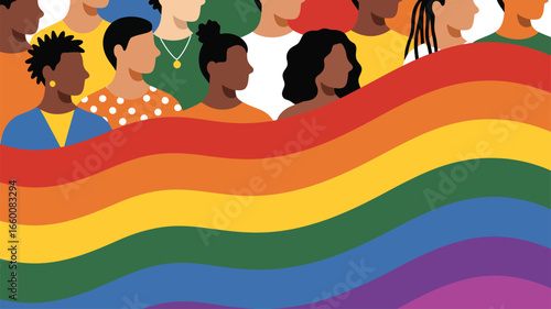 Illustration of diverse group standing behind Progress Pride Flag, symbolizing LGBTQ+ inclusion, unity, and celebration of identity