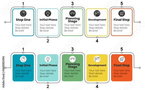 Modern vector infographic with five connected steps in colorful boxes. Ideal for business processes, project planning, and presentations. Infographic timeline template. Business process infographic.