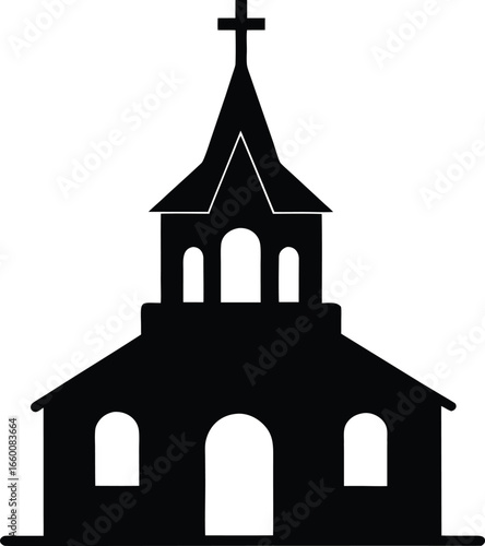 Minimalistic black and white church silhouette on white background 