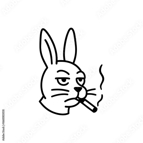 Black and white vector illustration of a rabbit with a calm expression smoking a cigarette. The monochrome style highlights the character's casual and relaxed demeanor.