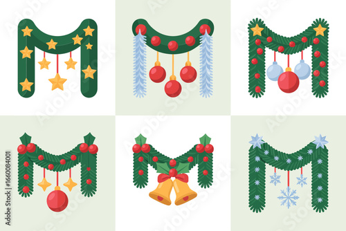 Festive swag alphabet set, greenery garlands forming letter shapes, baubles and bows details, Christmas decoration icons, holiday vector pack, typography decor elements