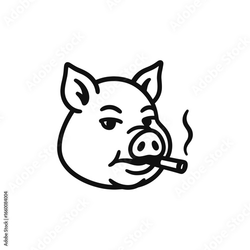 Cartoon style vector illustration of a pig with a cigar in its mouth. The pig has a smug expression, highlighting humor and irony in the image, with bold, simple lines.