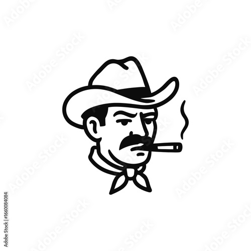 Bold vector illustration of a cowboy with a mustache smoking a cigar. The image captures an iconic cowboy look with a hat and scarf, suitable for Western themed designs.