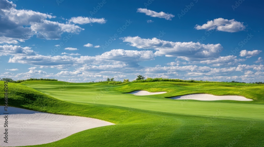 Fototapeta premium Golf Course on Sunny Day: The meticulously manicured green grass of a golf course stretches into the distance under a brilliant blue sky dotted with fluffy clouds, epitomizing tranquility and leisure.