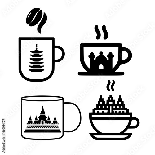 Religious themed coffee cup with icon set of sacred buildings for interfaith harmony concept