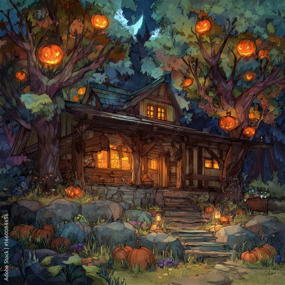 Fototapeta premium Cozy Autumn Cabin with Pumpkin Lanterns and Night Sky Lights