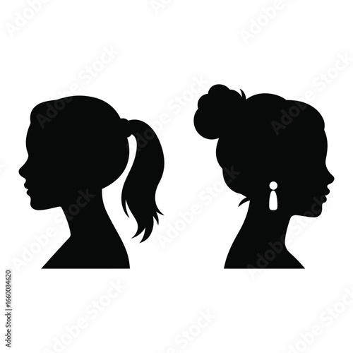 Silhouette illustration of two female profiles with ponytail and bun hairstyles, symbolizing personal style, fashion, and individuality