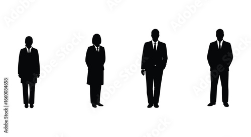 Four business people standing in formal attire silhouettes on white background