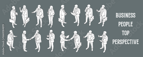 Architectural Drawings business people in various poses, viewed from a top-down perspective vector illustration, top view, human person Minimal style hand drawn. Sections, Elevations, Floor Plans