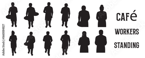 Architectural Drawings cafe workers standing, some holding trays, some with coffee cups, some behind counter gestures, top front perspective view silhouette vector illustration, top view, human person