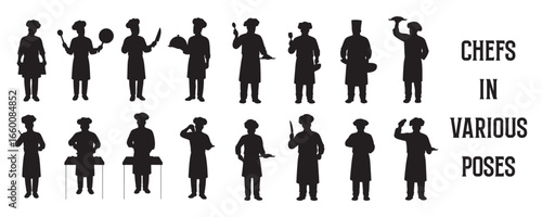Architectural Drawings chefs in various poses silhouette vector illustration, top view, human person Minimal style hand drawn. Sections, Elevations, Floor Plans