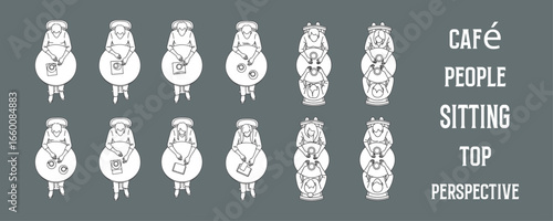 Architectural Drawings cafe people sitting at small round tables, top perspective vector illustration, top view, human person Minimal style hand drawn. Sections, Elevations, Floor Plans
