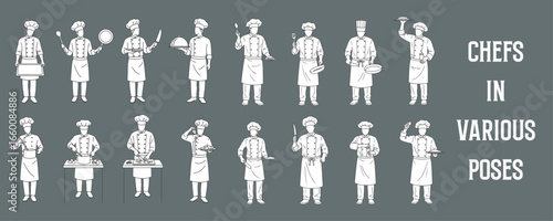 Architectural Drawings chefs in various poses vector illustration, top view, human person Minimal style hand drawn. Sections, Elevations, Floor Plans
