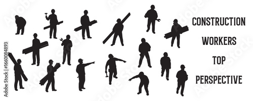 Architectural Drawings construction workers in various poses, viewed from a top-down perspective silhouette vector illustration, top view, human person Minimal style hand drawn. 
