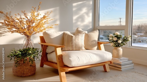 Minimalist Reading Corner - A cozy nook with a white armchair, a small side table, and a stack of books. Warm natural light highlights the simplicity.