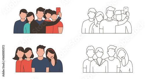 a group of people taking selfies together in different illustration styles and colors