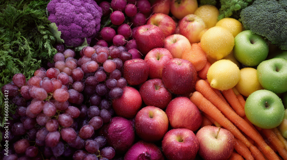 Assortment of fresh organic fruits and vegetables in rainbow colors Assortment of fresh organic fruits and vegetables in rainbow colors