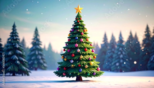 A majestic Christmas tree, adorned with colorful ornaments, stands proudly in a snowy forest.