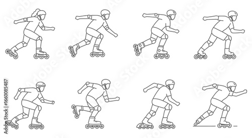 A series of illustrations depicting a person rollerblading in various dynamic poses and movements