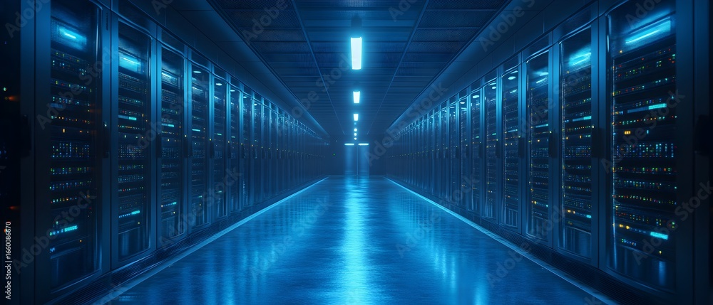 Fototapeta premium A long hallway with many computer servers