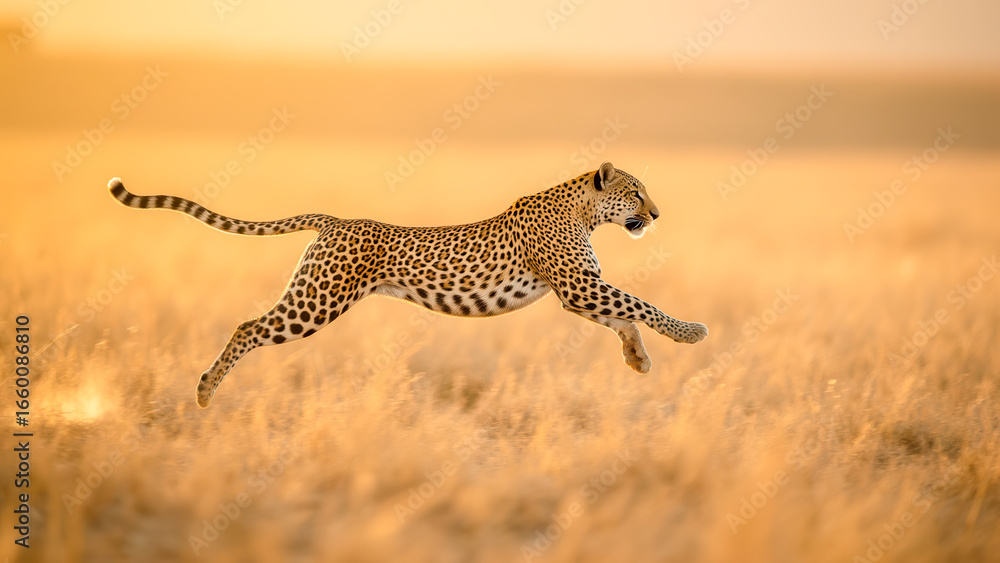 Fototapeta premium Graceful Leopard Leaping Through Golden Grasslands During Sunset in the African Savanna