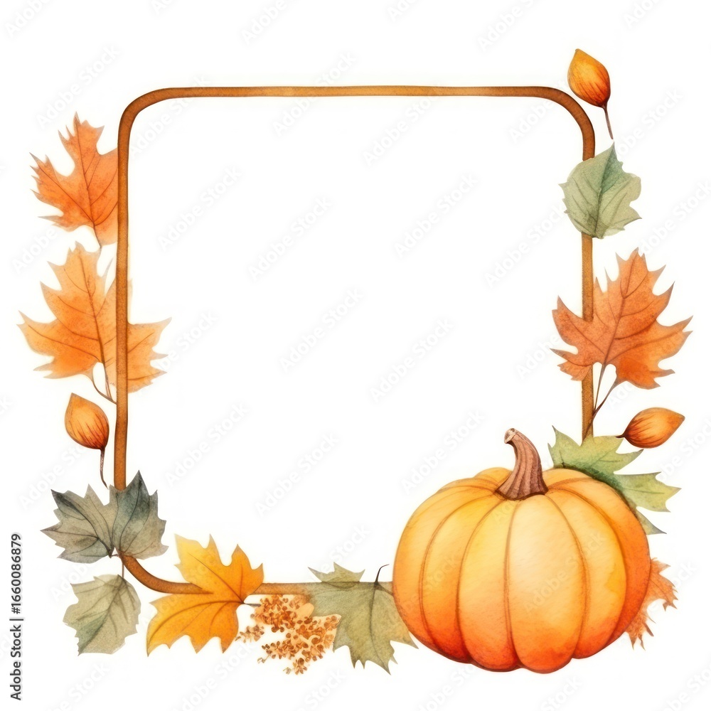 Fototapeta premium Pumpkin and autumn leaf frame watercolor vegetable plant gourd.