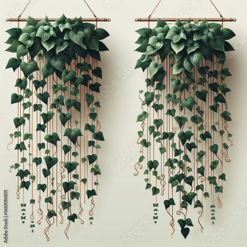 Lush green hanging plants adorned with vibrant leaves cascading down a wall, creating a serene atmosphere