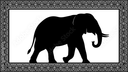 A detailed black silhouette of a large elephant walking in profile, in rectangular frame with Greek key-like geometric pattern, emphasizing majesty, power, and design.