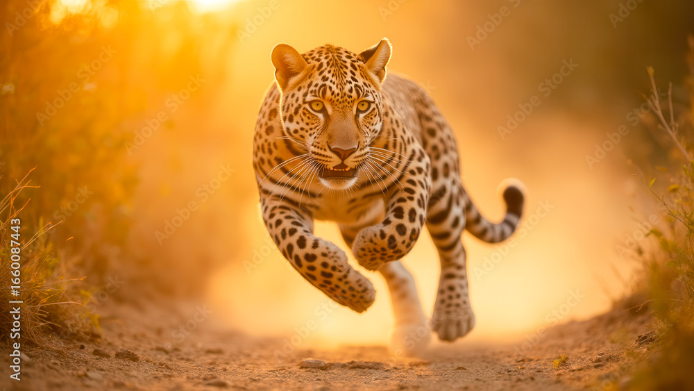 Fototapeta premium Powerful jaguar running through golden dust in a vibrant sunset landscape