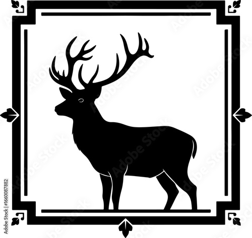 A majestic stag silhouette with broad antlers, placed within a decorative square frame with leafed corner motifs.