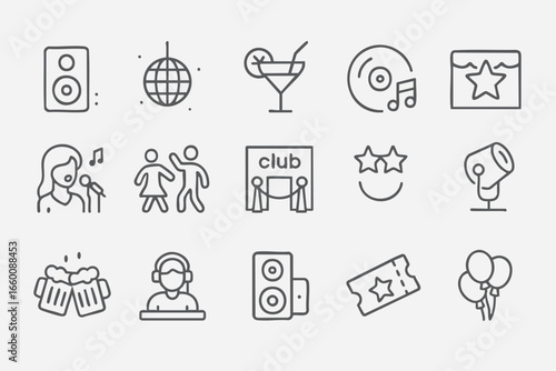 Linear icon set about music and nightlife: speakers, disco ball, cocktail, DJ, stage, microphone, ticket, and balloons. Minimalist, perfect for party, event, festival and entertainment design projects